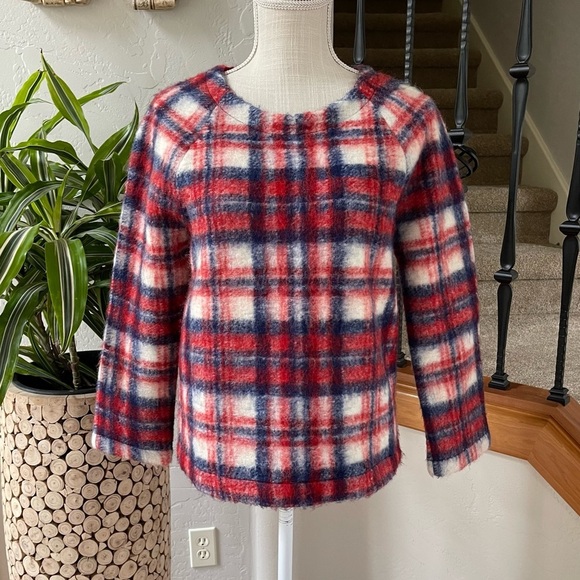 Madewell Wool Blend‎ Plaid Red White and Blue Crew Neck Sweater Size: XS - Picture 1 of 9